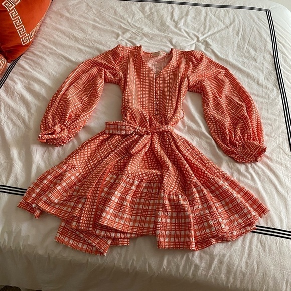 Stine Goya-NWOT “Farrow” Coral Plaid Long puff sleeve Waist Tie Flare Mini Dress - Picture 5 of 9